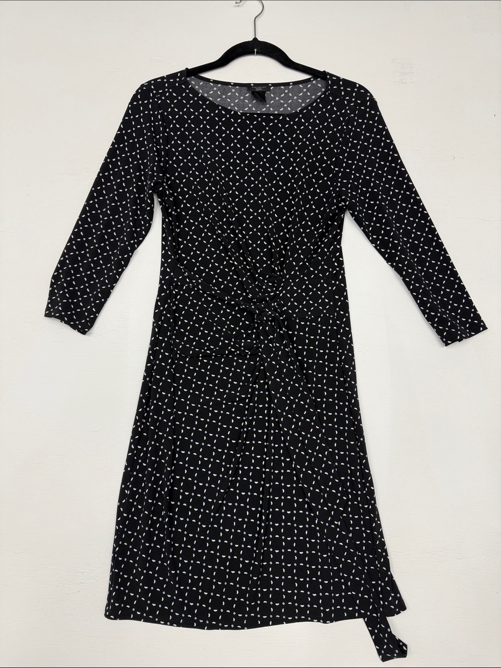 Ann Taylor Black, White and Dusty Blue Tie Sash Long Sleeve Dress
